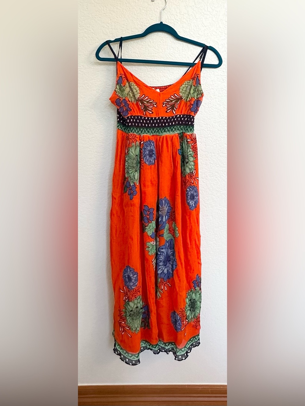 Maeve Anthropologie Orange Floral Smocked Boho Maxi Dress Size 8